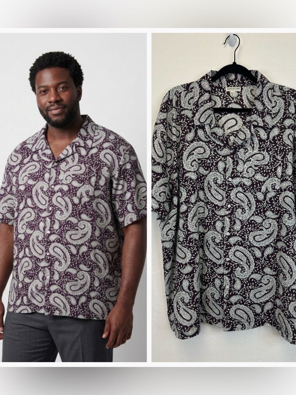 Paisley Short Sleeve Button Up Shirt Dark Plum Size XXL Lightweight Travel Boho